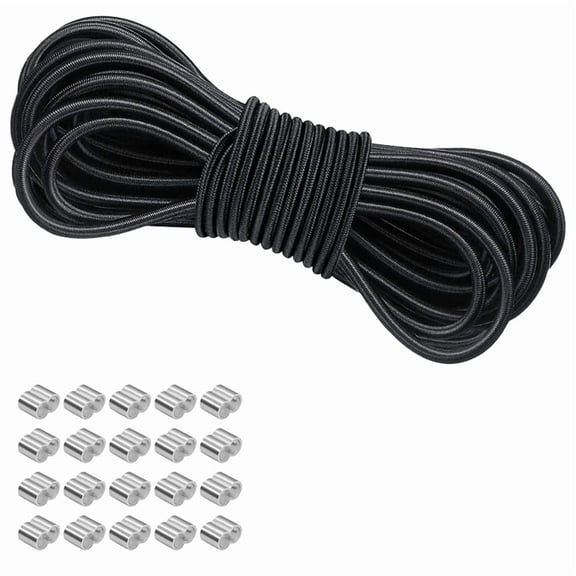 Rubber Cord for Trailer Tarpaulin, Expander Rope for Trailers, Weatherproof Rubber Cord for Versatile Use, 6 mm X 10 M,1 x Rubber Rope 20 x Aluminum Cover,Black