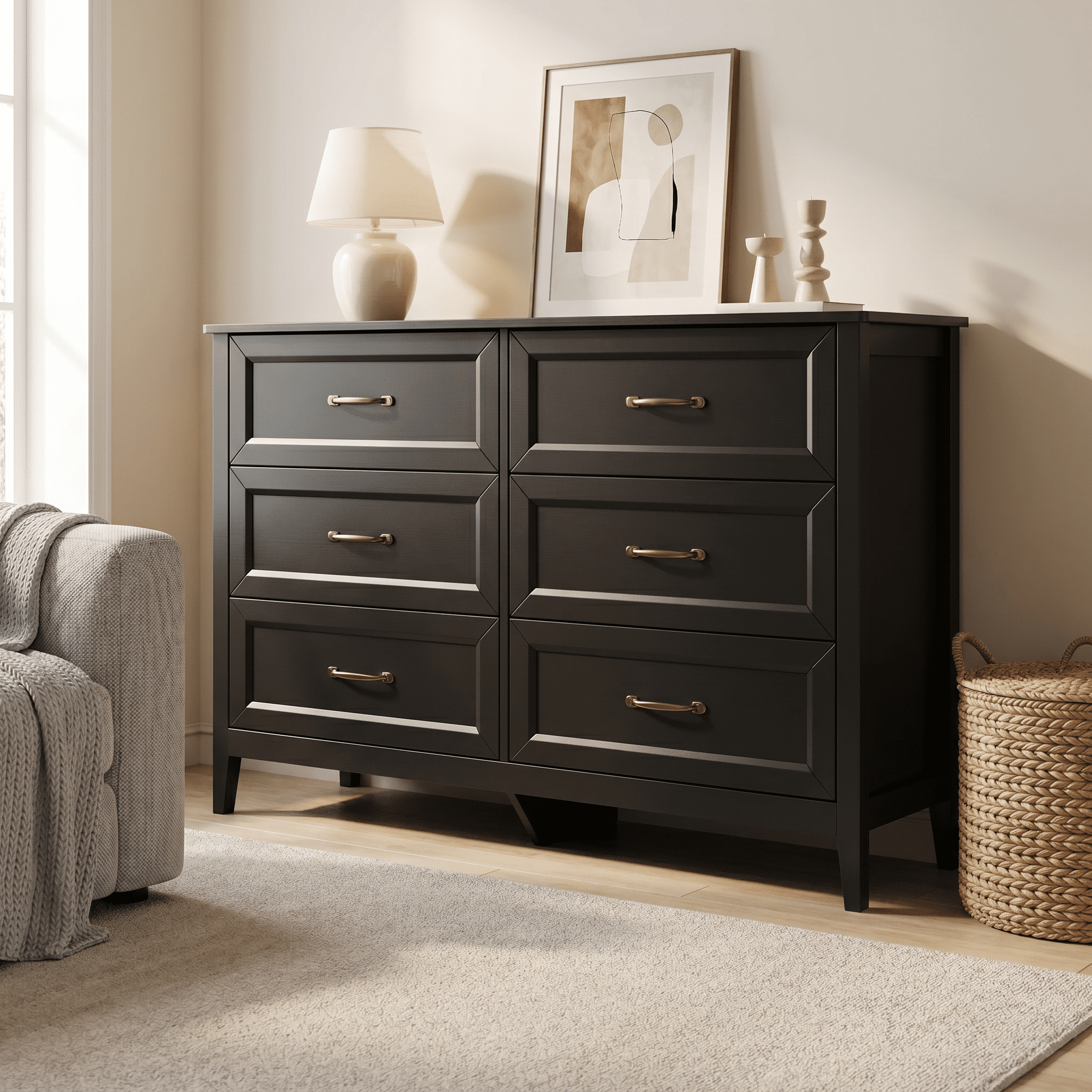 Lofka Black 6 Drawer Dresser with Metal Handle for Bedroom Living Room