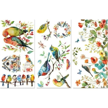 Rub on Transfer Decals for Furniture Crafts Birds and Flowers 6"x12" 3Pcs Waterproof UV DTF Transfer Decals Sticker for Dresser Lingerie Chests Drawer Glass Porcelain Wood Plastic