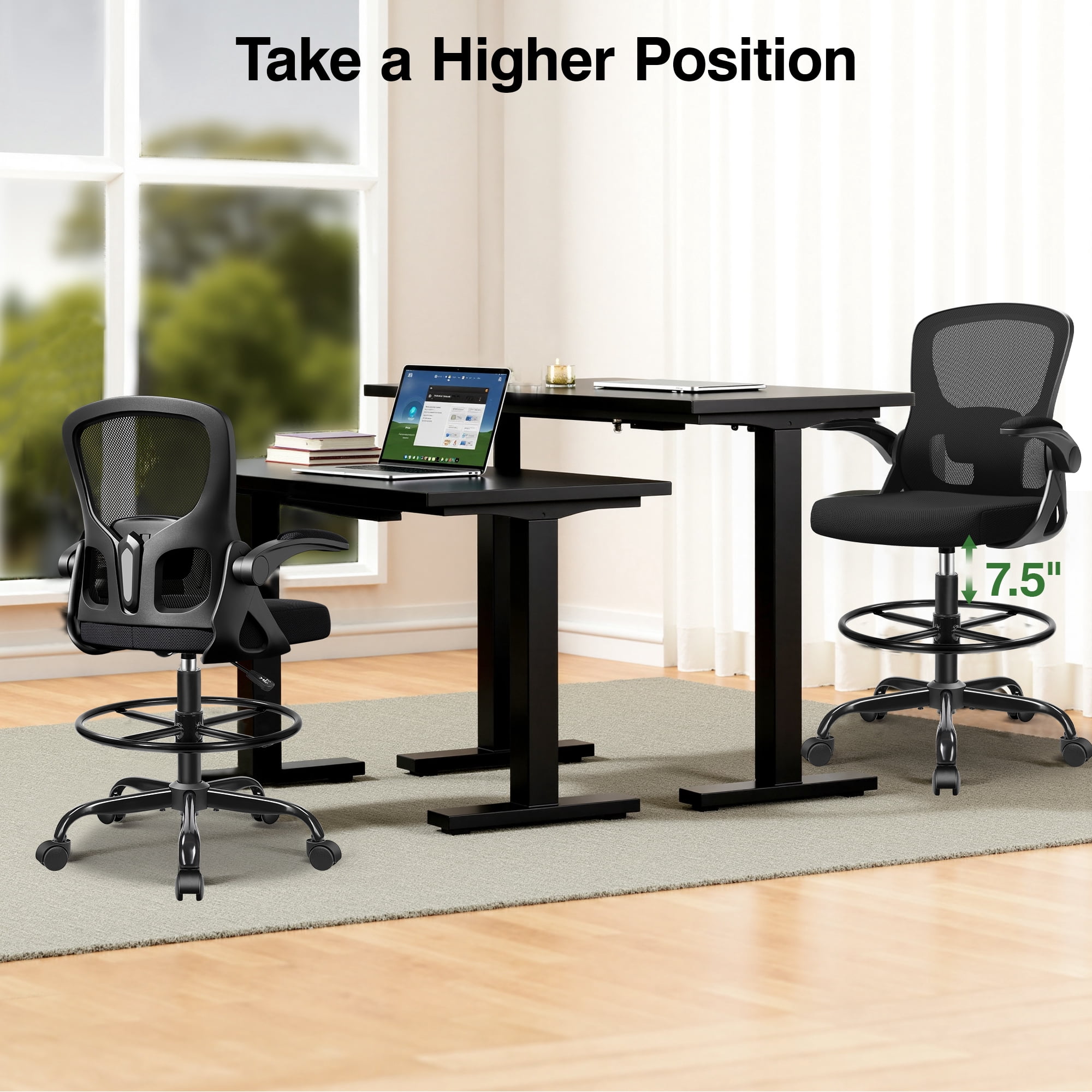 ATHOPE Office Chair Ergonomic Desk Chairs, Mesh Computer Chair with Flip-up Armrests, Adjustable Home Office Desk Chair with Lumbar Support Footrest Ring for Standing Desk, Black