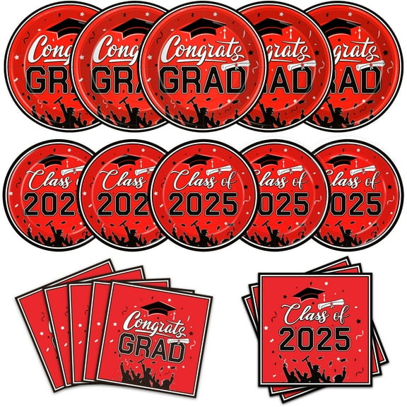 Graduation Party Plates and Napkins, 2025 AFN1Graduation Party Red and Black Disposable Paper Plates Cocktail Napkins Luncheon Napkins for Congrats Grad Party Decorations, Serves 50 (Red/Black)