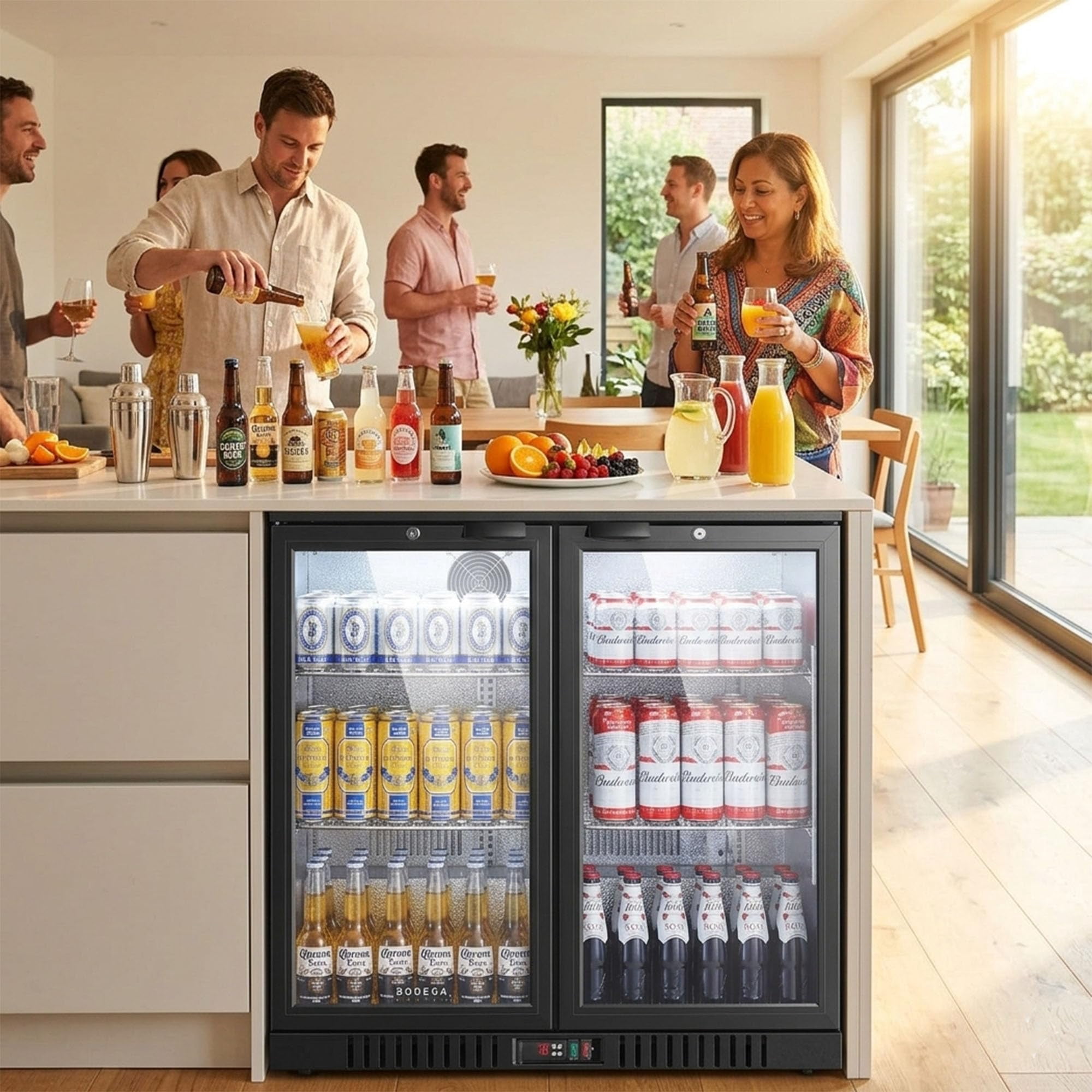 BODEGA 35.4 Inch Under Counter Beverage Refrigerator  2 Door Back Bar Cooler Dual Zone 32–50°F, 7.4 cu.ft Built-in or Freestanding Glass Door Fridge with LED Lighting