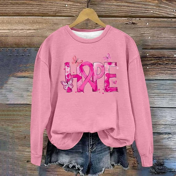 Aobny Pink Sweatshirt Women's Plus Butterflies Breast Cancer Sweatshirts Long Sleeve Crew Neck Shirts Women,XXXXXL