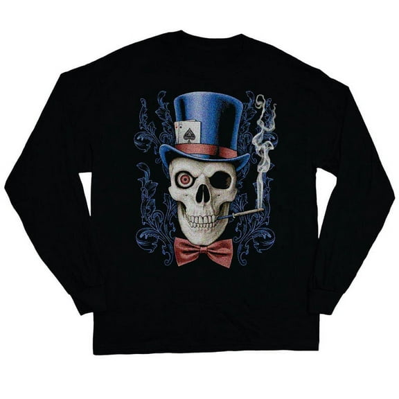 Top Hat Skull Decal T-shirt Men's Long Sleeve Tee Black