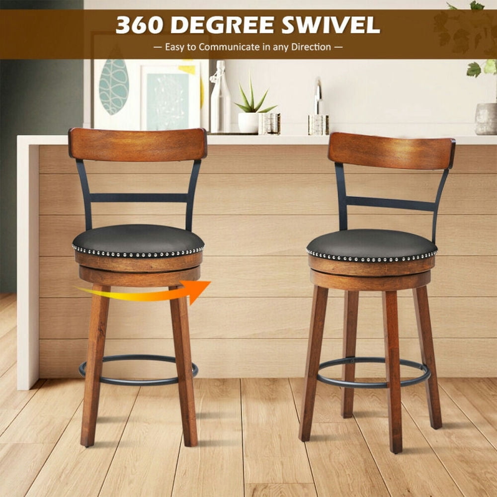 Demi Bonn 25.5" 360-Degree Bar Swivel Stools with Leather Padded, Wood Dining Chair with Backrests, Brown