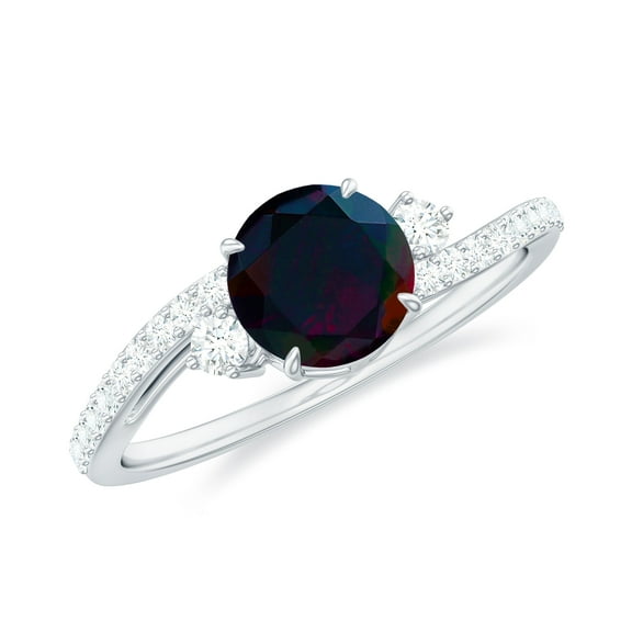 Rosec Jewels Real Black Opal Diamond Engagement Ring for Women - 6 mm Round Opal Ring - AAA Quality - with Jewelry Box, 925 Sterling Silver, US 4.00