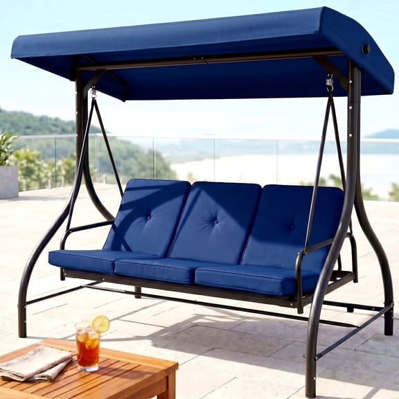 Pirecart 3 Person Patio Porch Swing Outdoor Converting Swing Glider Hammock with Adjustable Canopy, Cushions, Garden, Yard, Blue
