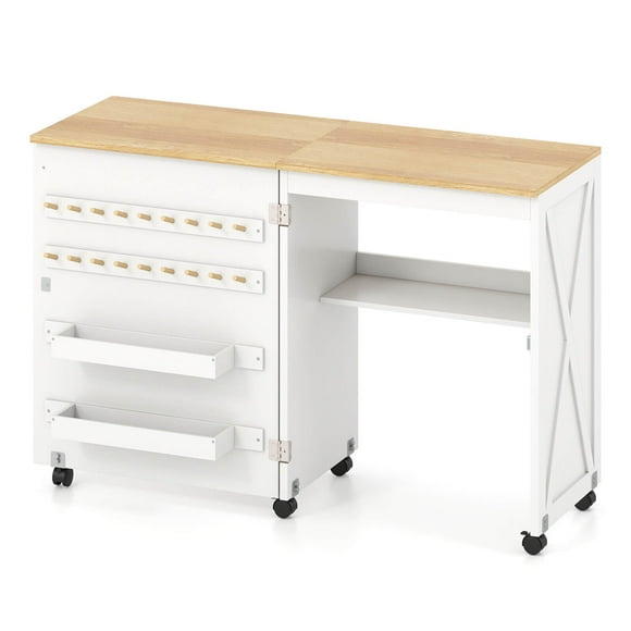 Gymax Folding Sewing Table w/ Compact Design Storage Shelf 2 Trays and 18 Pegs