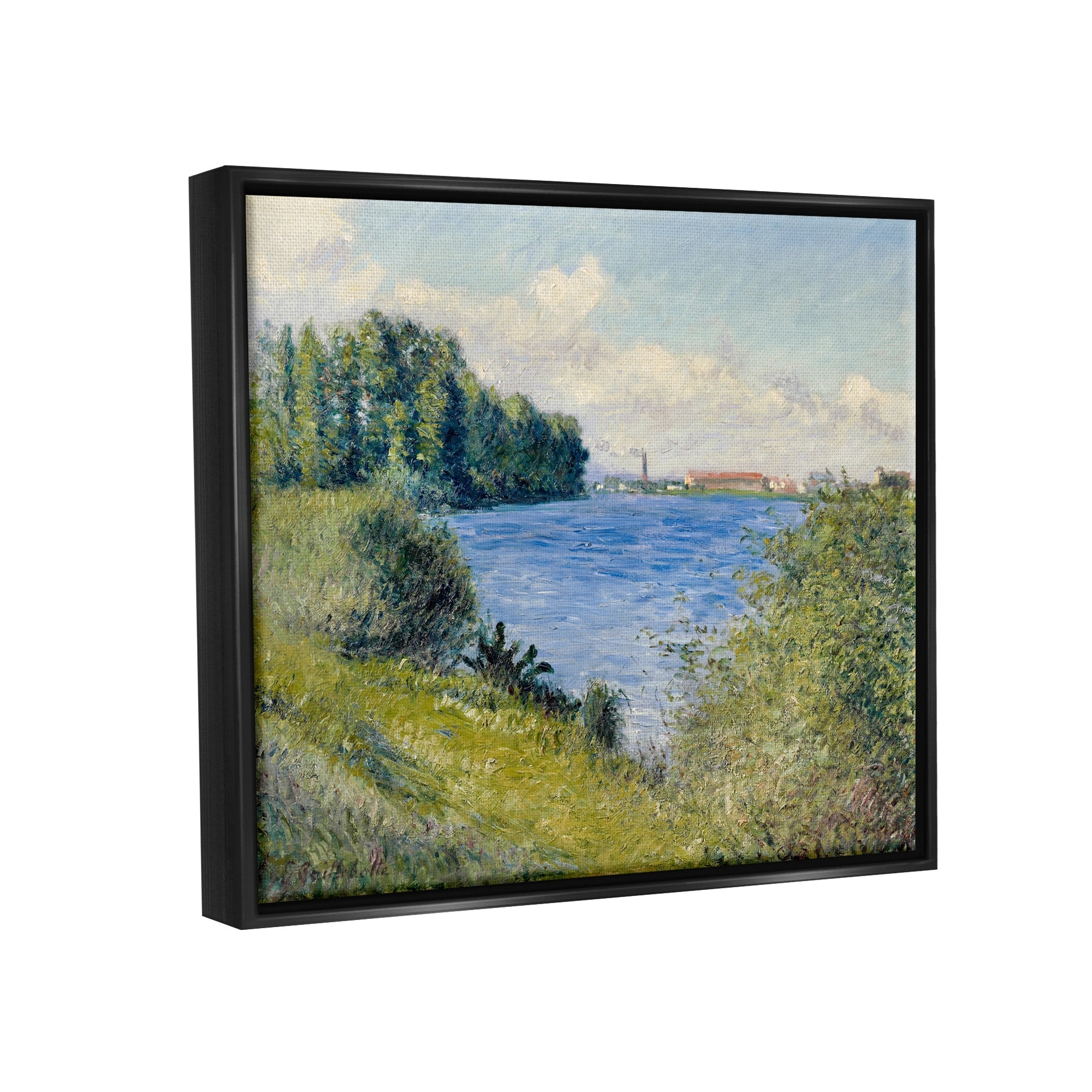Stupell Industries Clear Blue Water Seaside Rural Grassland Trees Painting Luster Gray Floating Framed Canvas Print Wall Art, Design by Lettered and Lined
