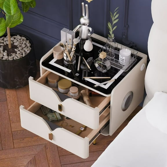 FINE MAKER Smart Double Drawer Nightstand, Bedroom Storage Cabinet with Wireless Charging and 3 Colors LED, Sofa Side Table