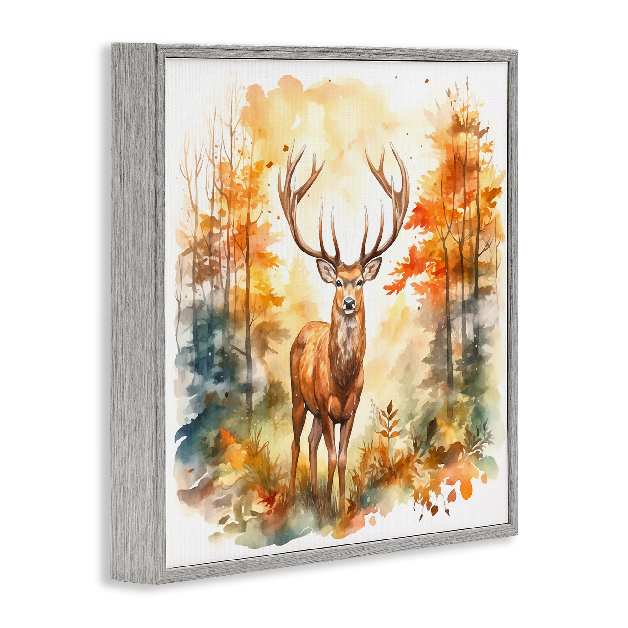 Stupell Industries Autumn Forest Stag Landscape Painting Gray Framed Art Print Wall Art, 17 x 17