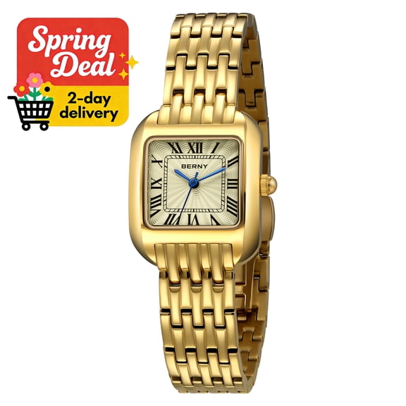 BERNY Gold Watches for Women, Stainless Steel Quartz Watch with Square Case, Sapphire Coated Mineral Glass, 3ATM Water Resistant, Classic Dressy Wristwatch for Ladies,Gold