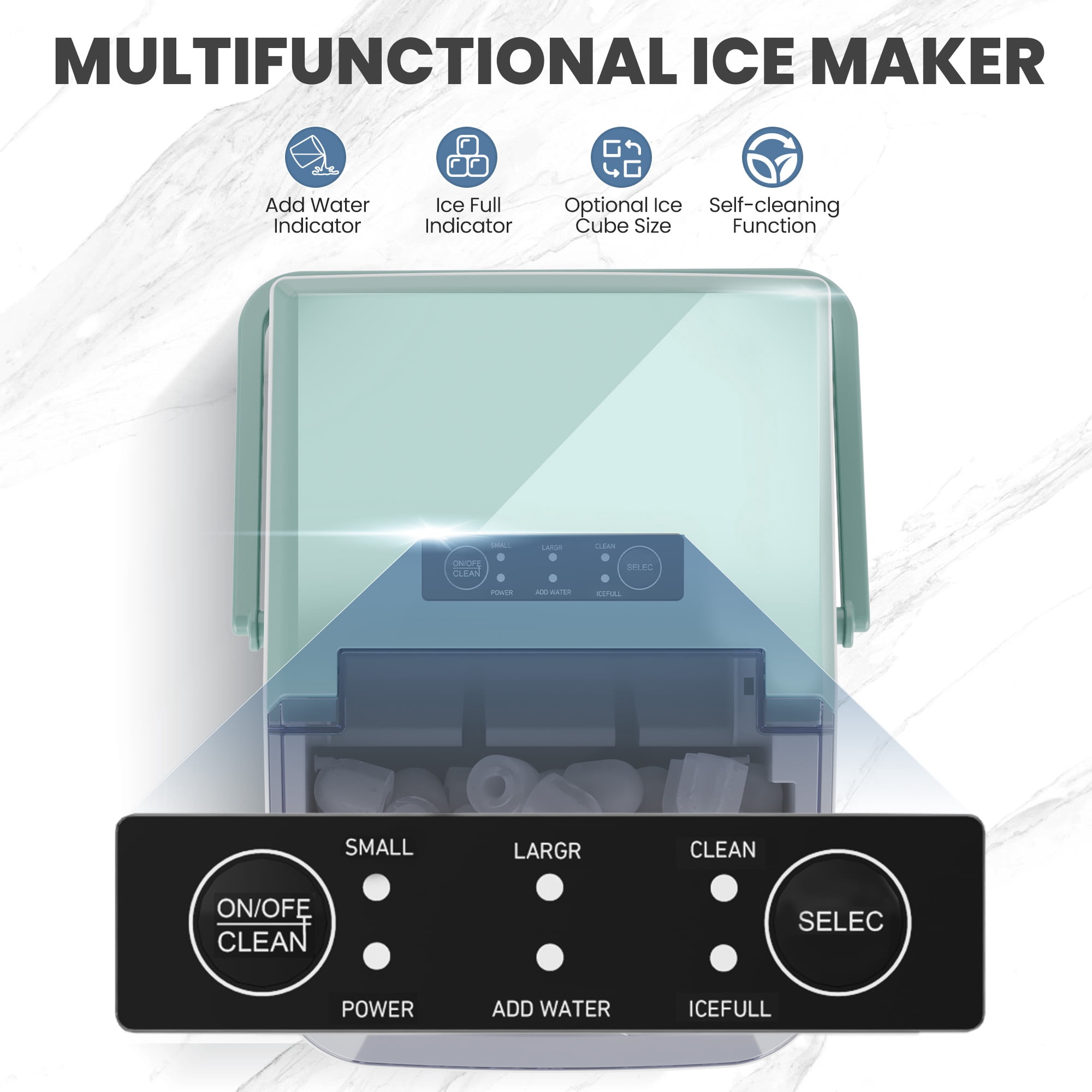 CONCETTA Portable Ice Maker Machine, 26.5 lb/Day Ice, Two Ice Sizes, Self-Cleaning Function, Bullet Ice Maker with Ice Scoop & Basket, Green