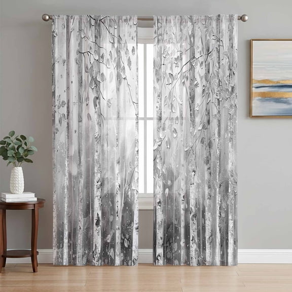 Sheer Curtains 84 Inches Long, Grey Forest Light Filtering Window Curtains for Living Room/Bedroom, Modern Oil Painting Art Rod Pocket Voile Sheer Curtain Drapes, 52"W x 84"L, 2 Panels