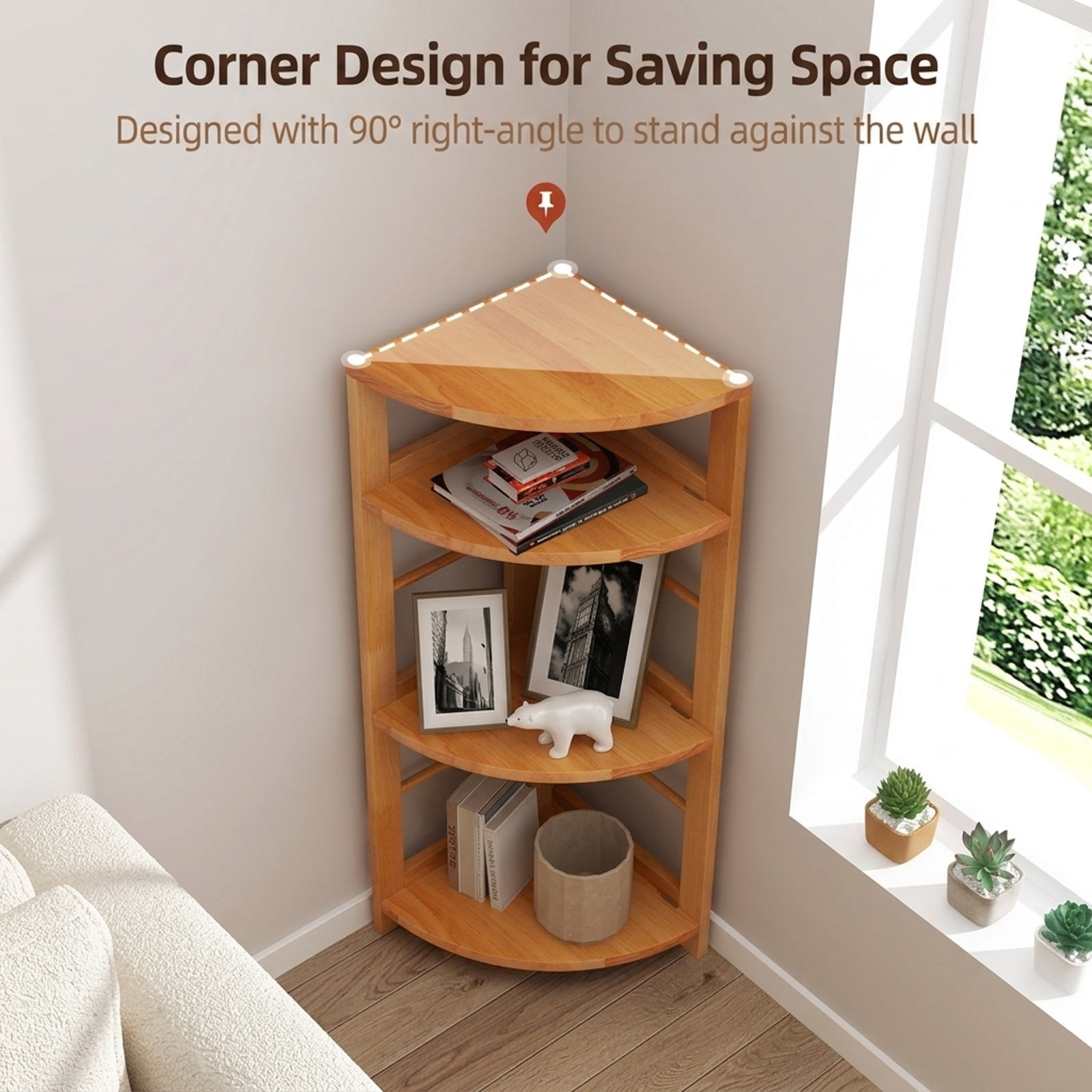 Furnibear 4-Tier Corner Shelf with Rubber Wood Frame and Anti-Toppling Kit for Living Room Home Office Bedroom Display Storage Shelf, Natural