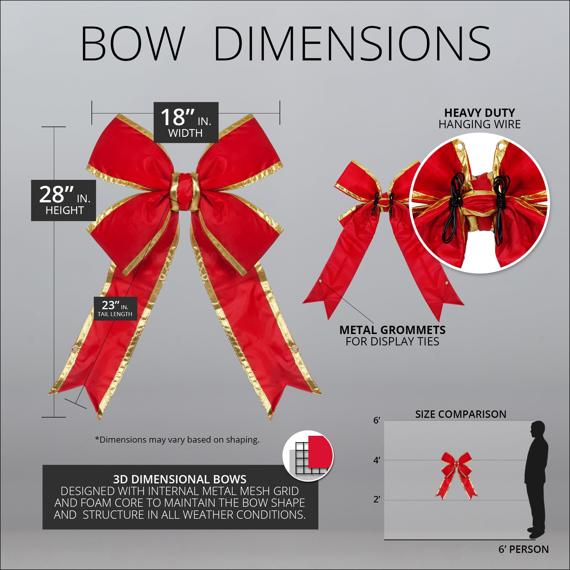 Big Red Christmas Outdoor Bows, Heavy Duty Red Nylon Bow with Gold Trim, Outdoor Christmas Bows, 18 Inch