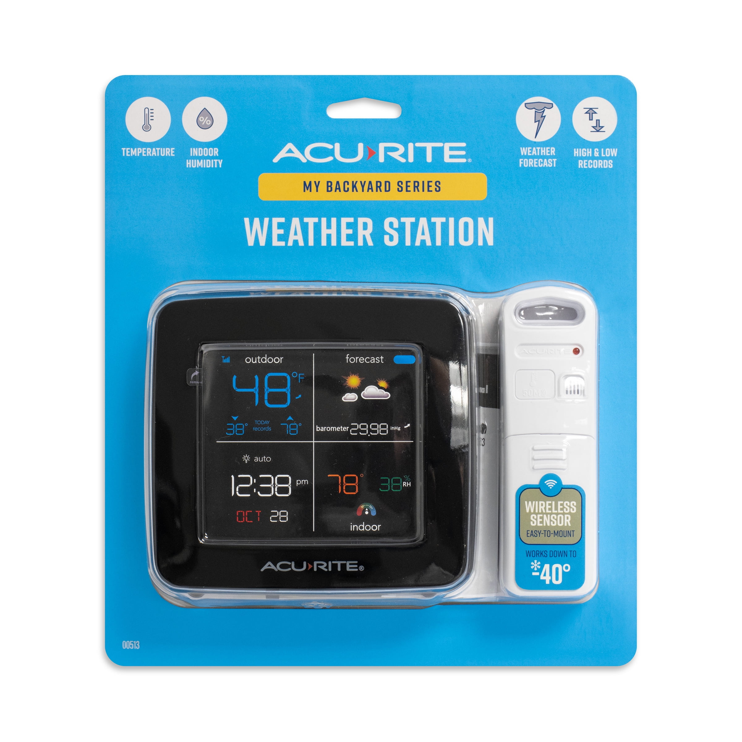 AcuRite Color Weather Station with Hyperlocal Forecast, Indoor/Outdoor Temperature, Indoor Humidity, Date, Time, Custom Alarms, and Barometer (00513)