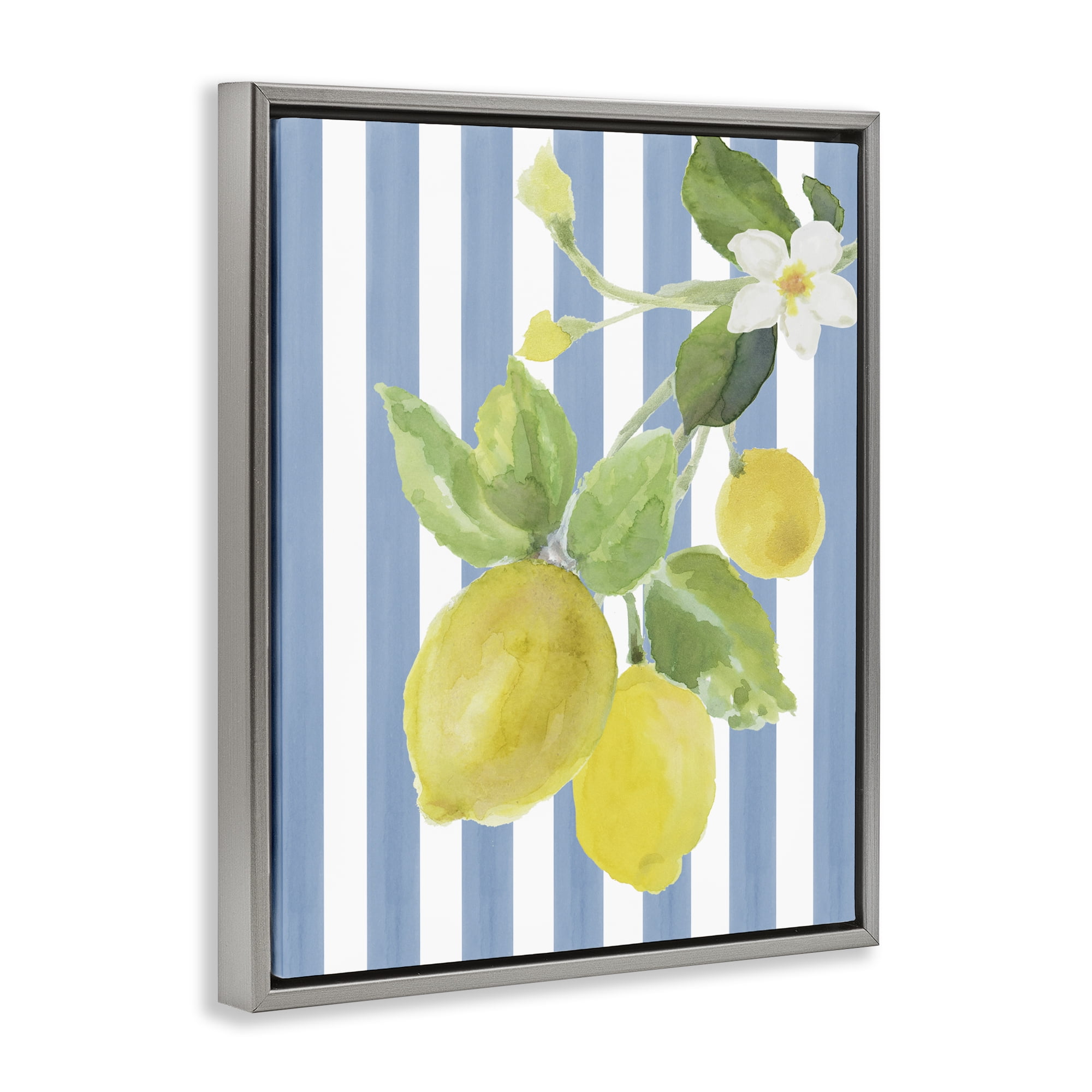 Stupell Industries Lemon Blossom on Blue Stripes Gray Framed Floater Canvas Wall Art, design by Lanie Loreth