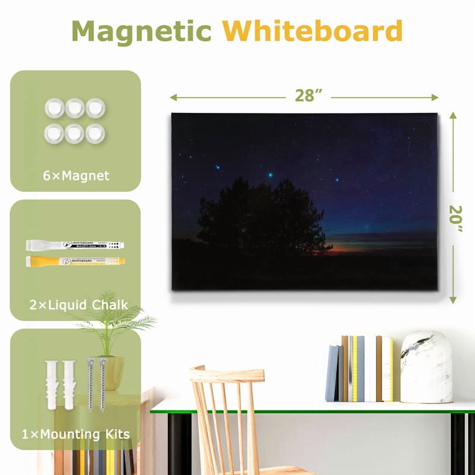 Magnetic Whiteboard Dry Erase White Board 28"x20" Decorative White Board for Wall with Starry Sky Pattern Design White Board for Home Office Decor, Bedroom, Kitchen, Classroom with Magnets & Markers