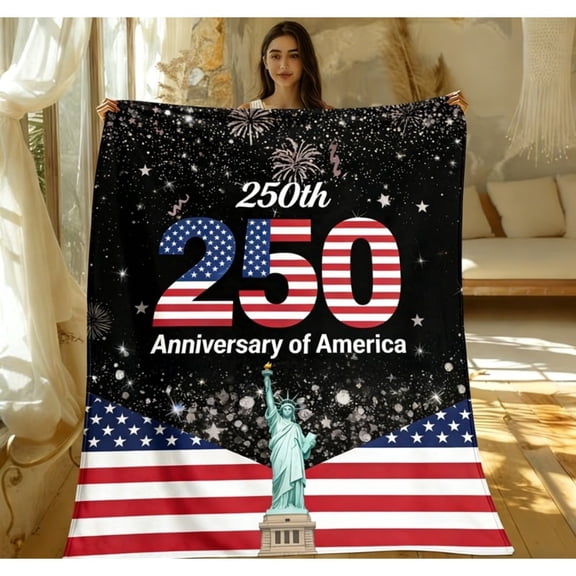 250th Anniversary of America Flannel Blanket, Patriotic Flag & Statue of Liberty Print, Cozy Throw for Couch & Gifting