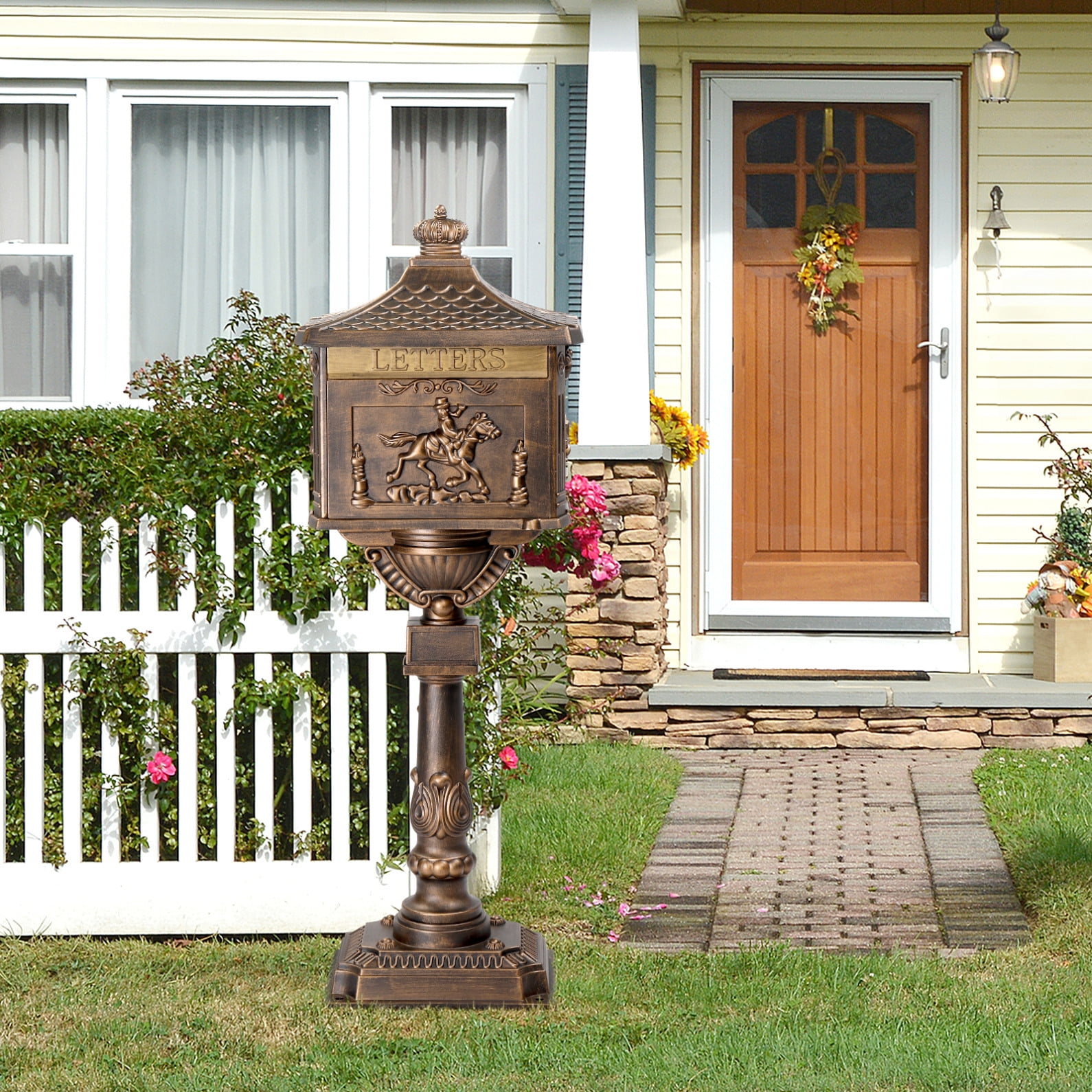 Cast Aluminum Mailbox with Post, Heavy Duty Postal Box with 2 Keys, Baffle Door, Address Panel, Stable Base, In-Ground Large Security Mailbox for Outside (Antique Bronze)