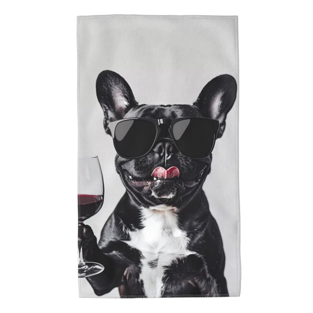 Fotbe Cool French Bulldog Wine Toalla Premium con Patrón, Toalla de Microfibra de Secado Rápido, Ligera y Altamente Absorbente (27.5x16in), Ideal para Uso Diario