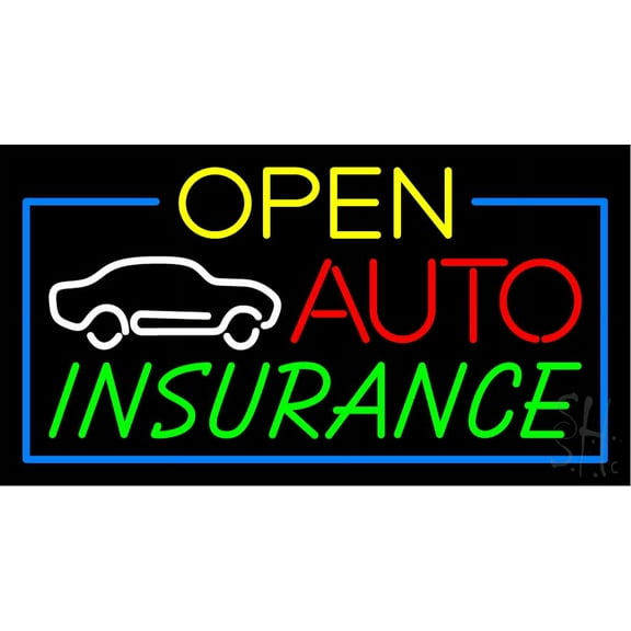 Red Open Auto Insurance Blue Border LED Neon Sign 20 x 37 - inches, Clear Edge Cut Acrylic Backing, with Dimmer - Bright and Premium built indoor LED Neon Sign for automotive store, and mall.