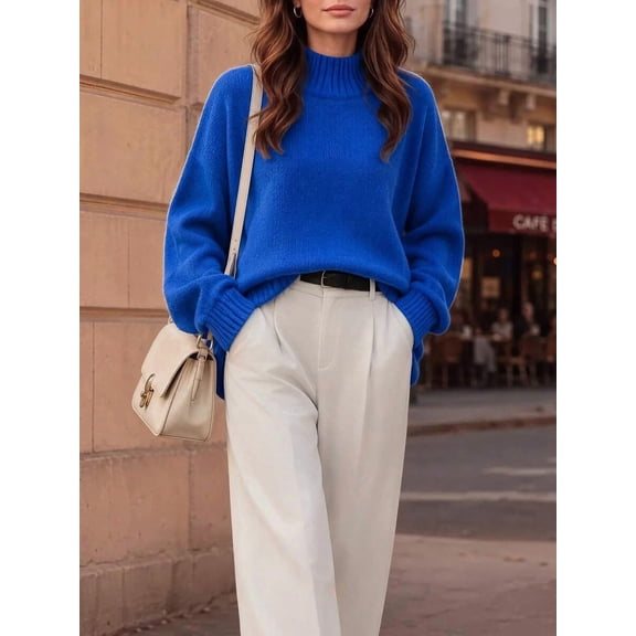 Womens Royal Blue Mock Neck Drop Shoulder Oversized Pullover Sweater