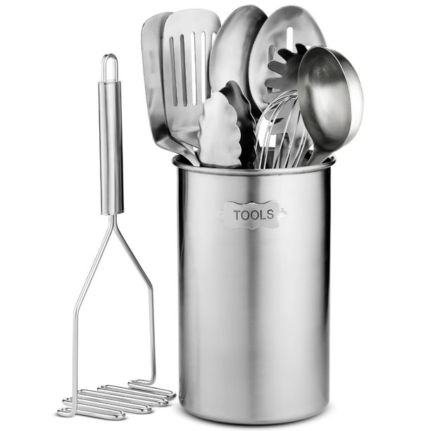 Stainless Steel Kitchen Utensil Set - 10 piece premium Non-Stick & Heat Resistant Kitchen Gadgets, Turner, Spaghetti Server, Ladle, Whisk, Tungs ...