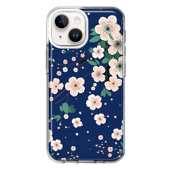 MUNDAZE Case for Apple iPhone 15 Hybrid Shockproof Slim Hard Soft TPU Shell Heavy Duty Protective Phone Cover - Kawaii Japanese Pink Cherry Blossom Navy Blue