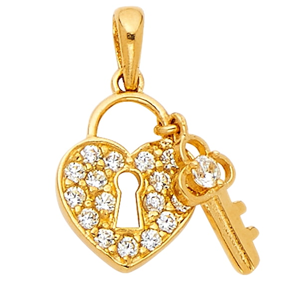 14k Yellow Gold I Love You Key to My Heart Pendant Anniversary Clear CZ Charm Jewelry Female