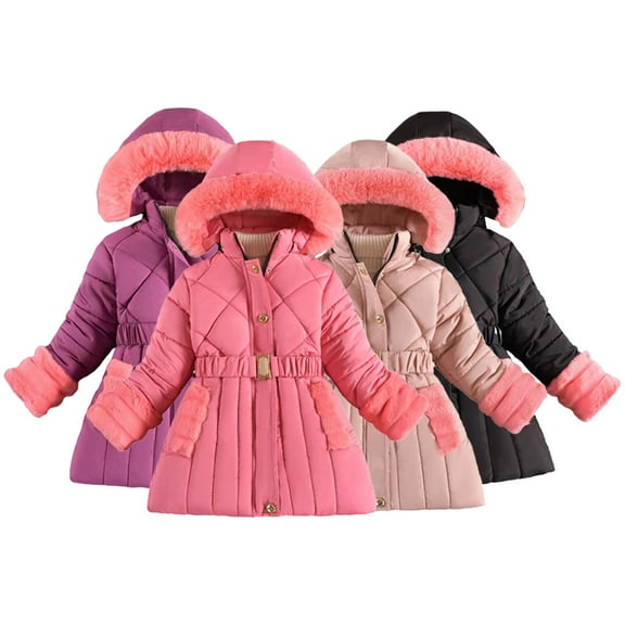 Esaierr 3-12T Kids Girls Fleece Lined Jacket Winter Outerwear Hooded Baby OutWear Mid-Length Cute Little Girls Warm Hooded Lightweight Jacket Coat