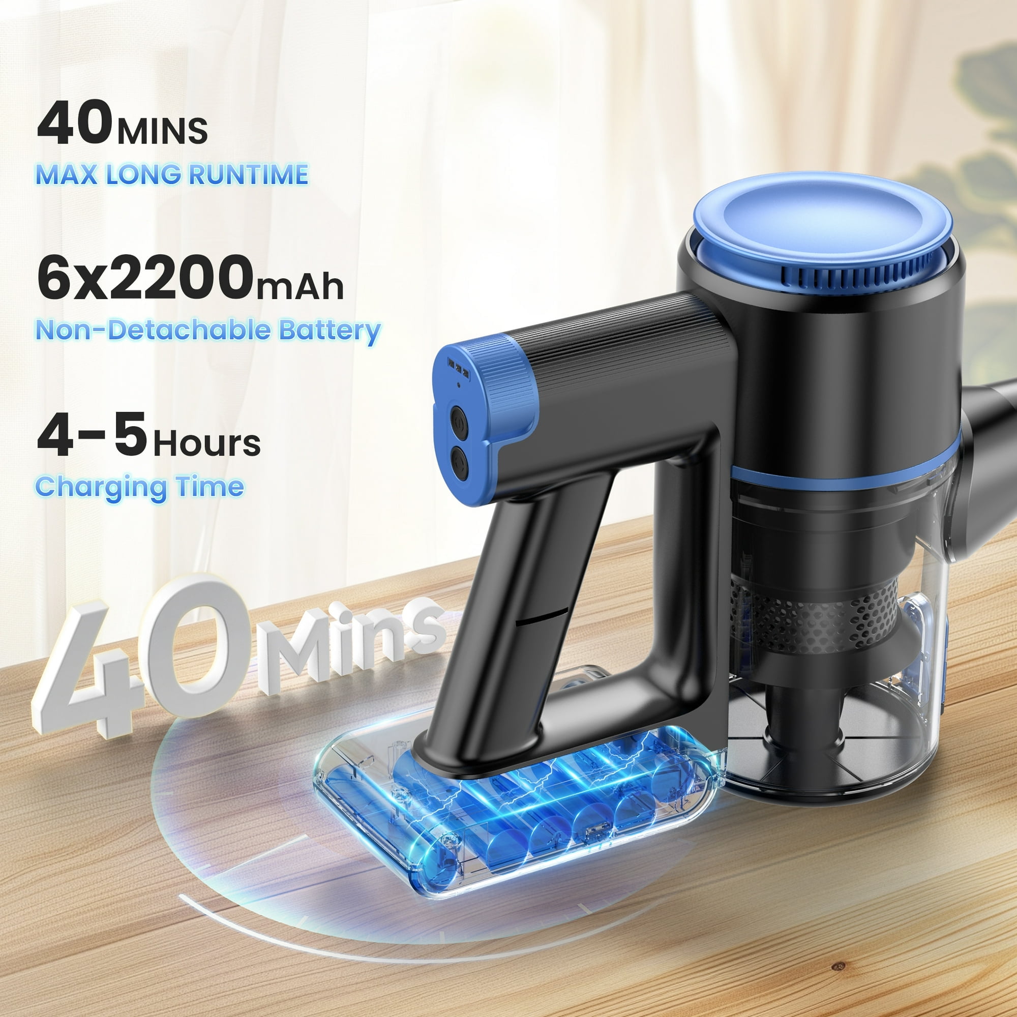 YOMA Cordless Vacuum Cleaner,25Kpa 40 Mins Runtime Lightweight Stick Vacuum,Self-Standing, Rechargeable Vacuum Cleaners for Pet Hair,Carpet,Hardwood Floor N8(Blue)