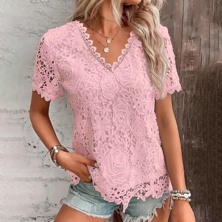Yigetop Lace Short Sleeve Tops for Women, Summer Tops for Women