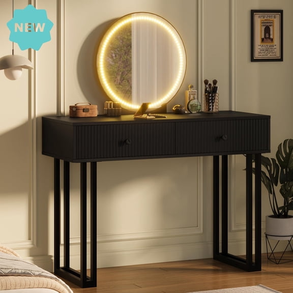Modern Vanity Desk with Mirror and Lights, 49.2”H Makeup Table with 2 Storage Drawers, Adjustable 3-Color LED Lighting for Bedroom