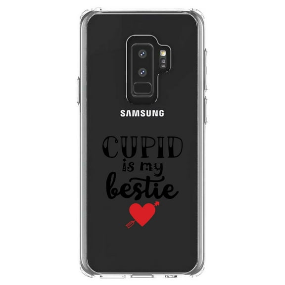 DistinctInk Clear Shockproof Hybrid Case for Samsung Galaxy S9  PLUS (6.2" Screen) - TPU Bumper Acrylic Back Tempered Glass Screen Protector - Cupid is My Bestie - Heart - Valentine