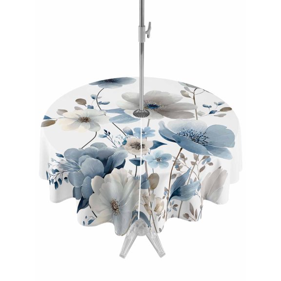 Outdoor Tablecloth with Umbrella Hole for Patio/Picnic/Party/Camping, Blue Grey Floral Waterproof Table Cloth Round Cover Washable, Watercolor Flowers Farmhouse (Dia 60")