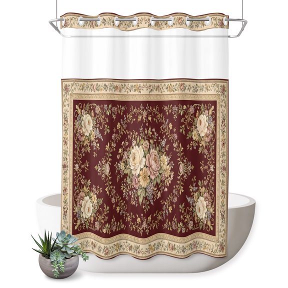 No Hook Shower Curtain, Boho Flowers Shower Curtains for Bathroom with See Through Top Window, Vintage Middle Century Floral Red Brown Waterproof & Washable Bath Curtain 60"x72"