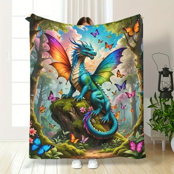 Vibrant Rainbow Dragon & Butterfly Flannel Throw Blanket Soft Warm and Stain-Resistant for Couch Bed Office or Travel Machine Washable Cozy Fantasy Design with Lush Greenery & Colorful Sky