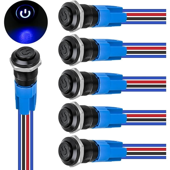 Nilight 12mm Latching Push Button Switch 6pcs LED Blue Waterproof Small Round Power Button Switches with Pre-Wiring Socket for Car Truck Boat Marine RV Vehicle