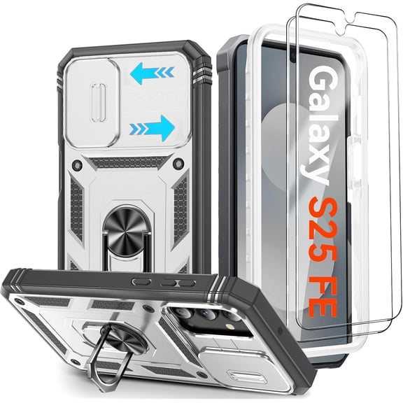 for Samsung Galaxy S25 FE 5G Case,Samsung S 25FE Phone Case with Camera Cover & Magnetic Kickstand [2 Screen Protector],Military Shockproof Case for Galaxy S25 FE 2025,White