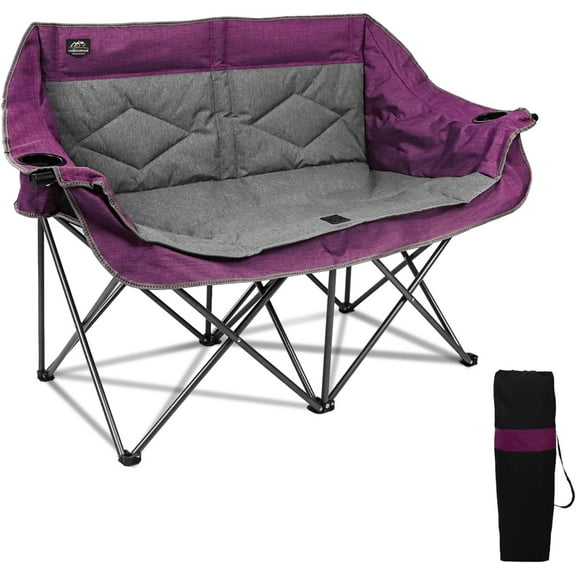 Folding Loveseat Camping Chair,Portable Double Chair w/Cup Holder,Wine Glass Holder,Carry Bag Heavy Duty Lawn Chair for 2 Adults,Perfect for Camp,Hiking,Picnics and Beach Trips,Purple
