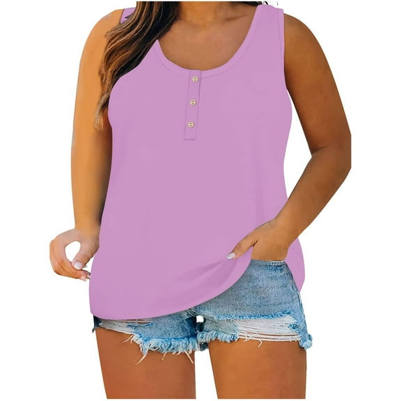 aidice Plus Size Womens Tank Tops 1-5XL Sleeveless Crewneck Button Basic Cotton Tanks Summer Casual