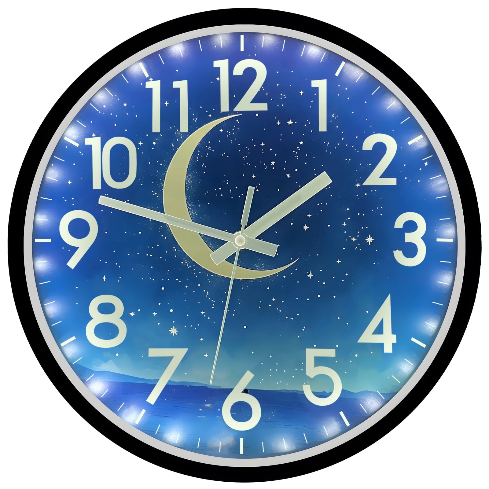 JoFomp Luminous Wall Clock, 12 inch LED Night Light Silent Clock, Glow in The Dark Moon and Starry Sky, Lighted Clock with Smart Sensor(White Light)