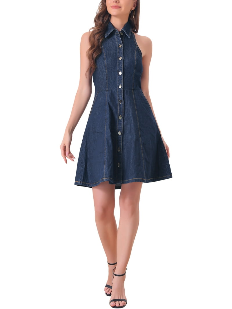 Inspire Chic Women's Denim Dresses Halter Neck Backless Button Down Shirt Dress Dark Blue XS