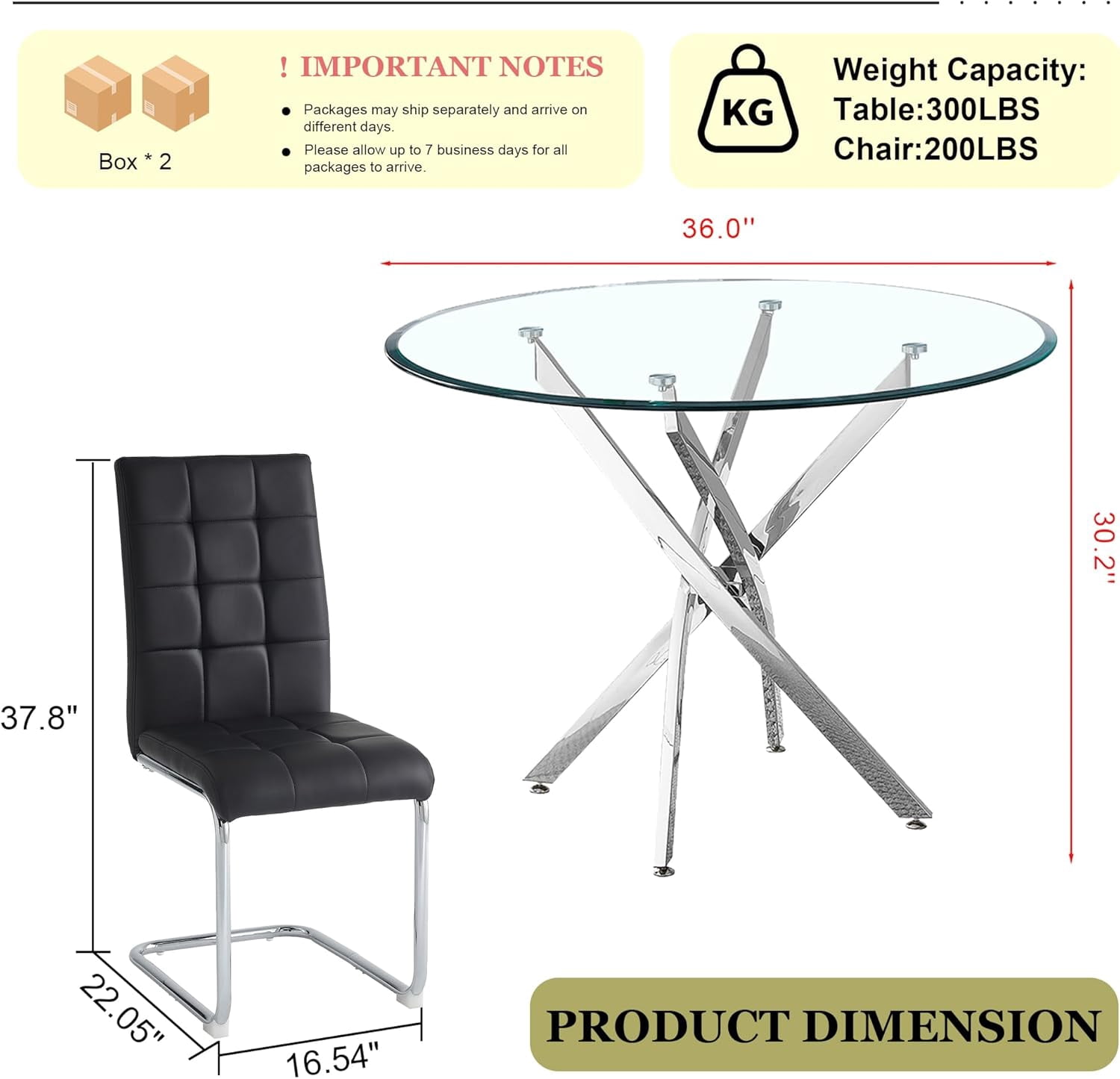 5-Piece 36" Round Glass Dining Set, Clear Tempered Glass Table & 4 PU Leather Chairs with Stainless Steel Legs for Kitchen, Meeting Room