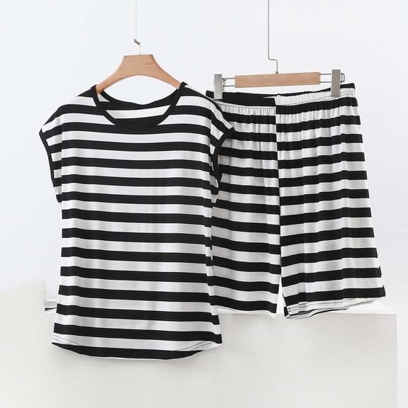 Cagogo Women's Plus Size 2 Piece Shorts Set Striped Casual Summer Outfits Round Neck Short Sleeve Tshirt Elastic Waisted Lounge Sets Beach Vacation Travel Clothes, White S