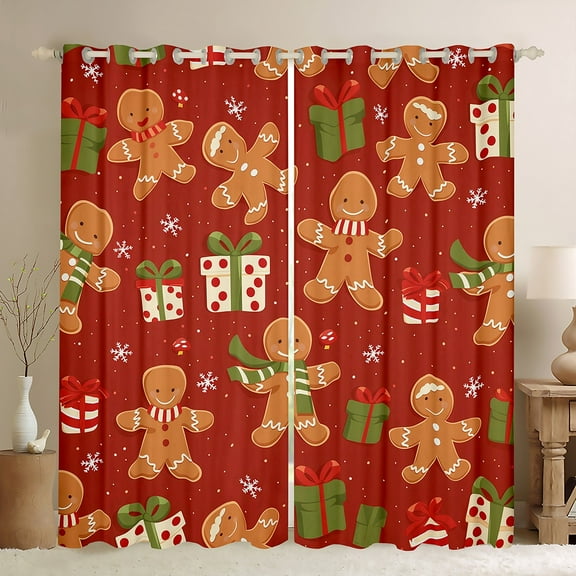 Manfei Child Gingerbread Man Black Out Curtains, Red Green Cartoon Curtains Pack of 2 (42x63 Each), Kawaii Christmas Snowflake Bedroom Curtains, Curtains and Drapes Home Decor