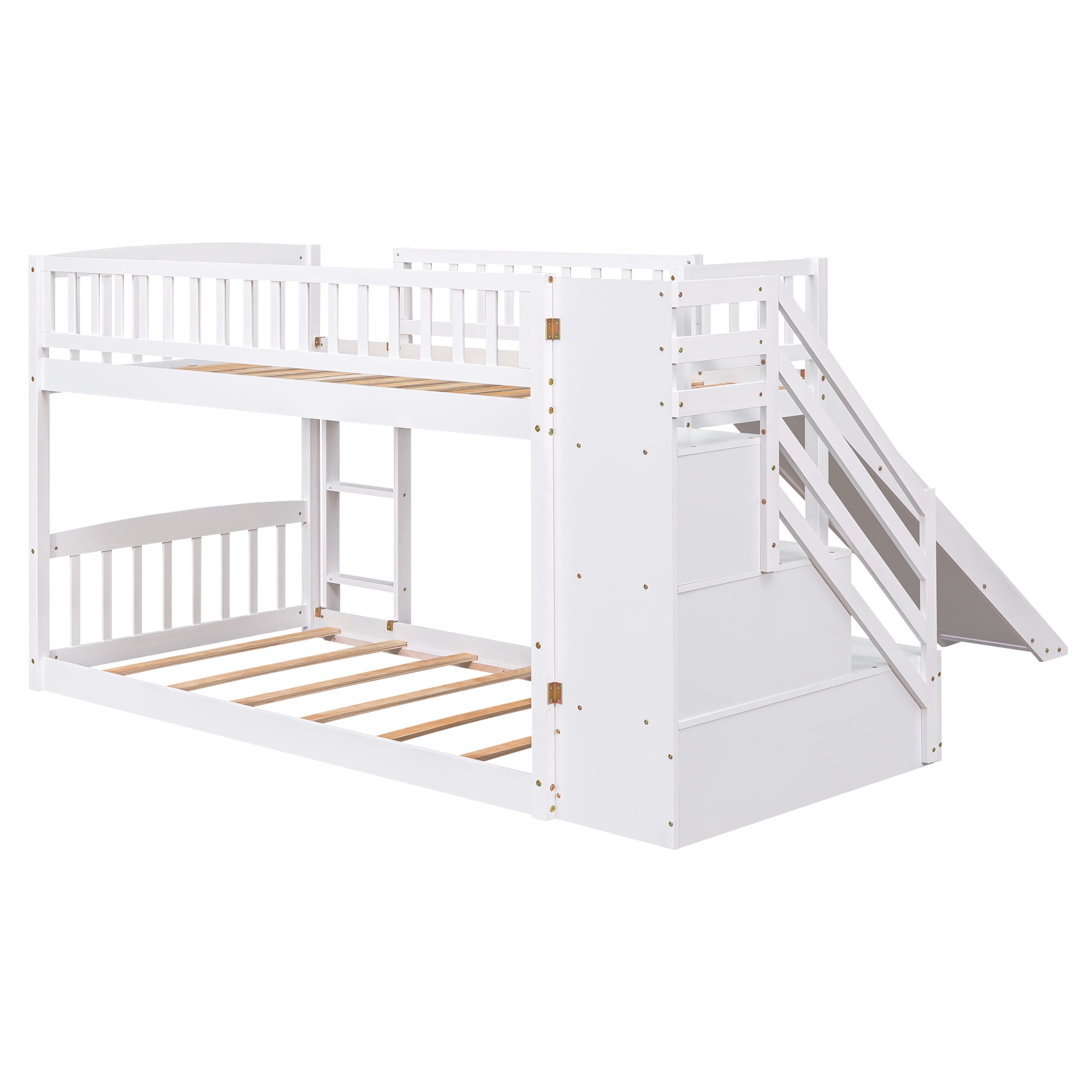 Mintazer Twin Over Twin Bunk Bed with Storage Staircase & Convertible Slide, Kids Bunk Bed Frame with Guardrails & Ladder, No Box Spring Needed, White