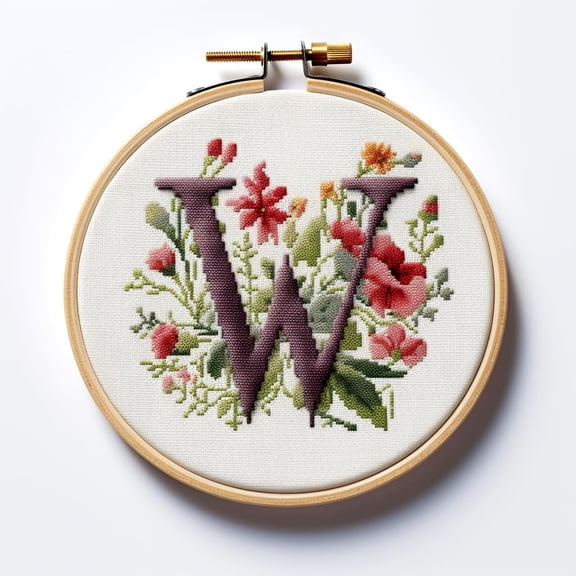 Letter W in Flowers Stamped Cross Stitch Kits for Beginners Easy with Hoop 11CT Needlepoint Embroidery Counted Cross Stitch Kits Art Craft Wall Decoration 35x35cm(2)